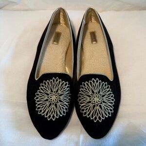 Birdies Gold Embroidered Flower Black Loafers